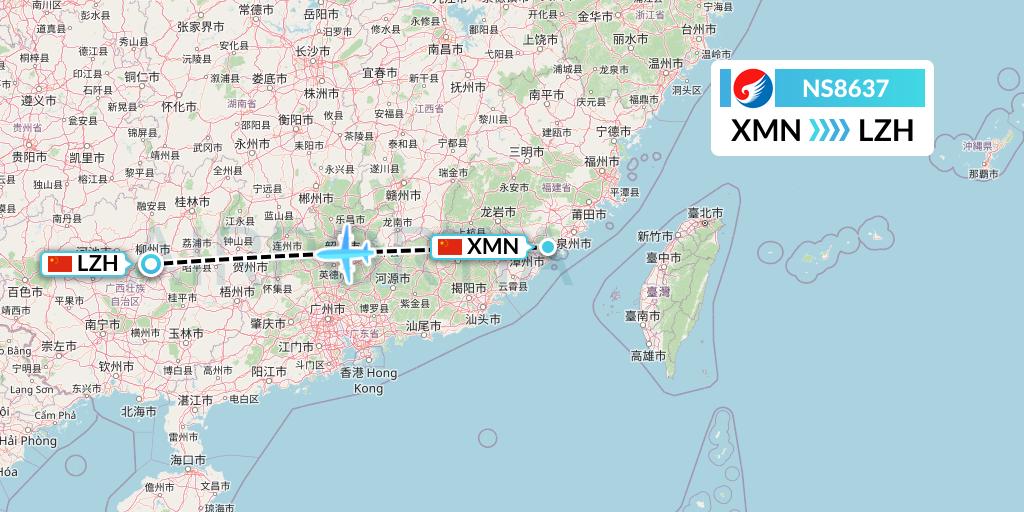 NS8637 Hebei Airlines Flight Map: Xiamen to Liuzhou