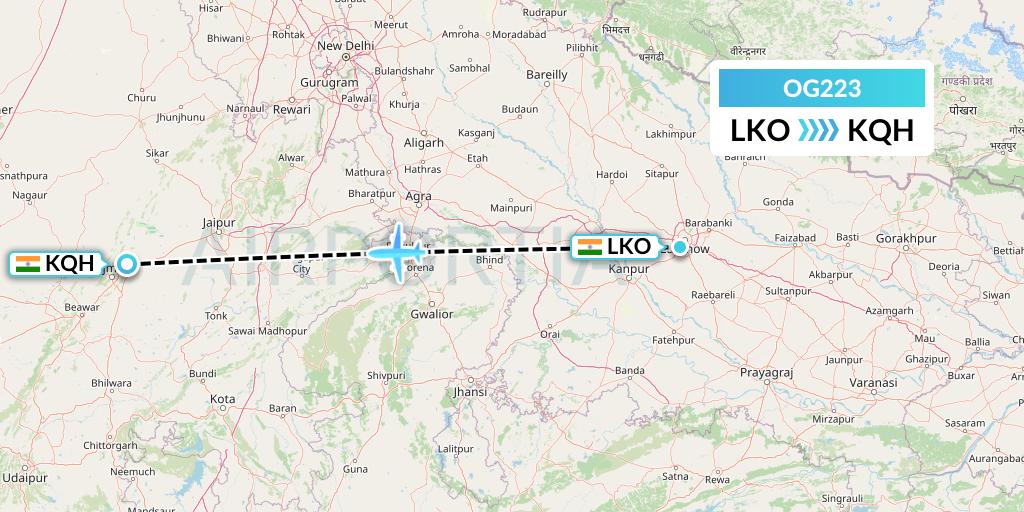 OG223 Fly Play Flight Map: Lucknow to Jaipur