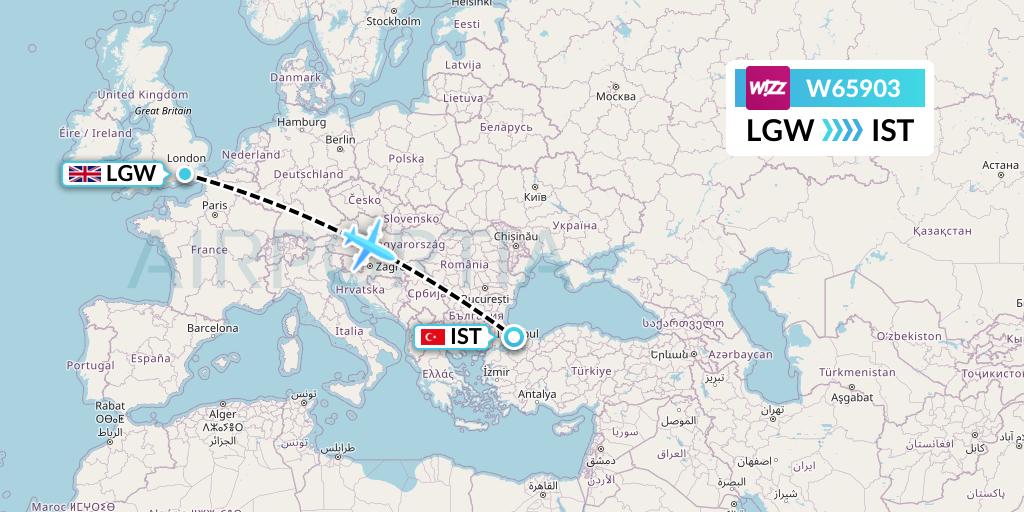 W65903 Wizz Air Flight Map: London to Istanbul