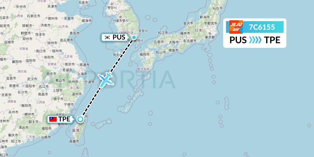 7C6155 Jeju Air Flight Map: Busan to Taipei