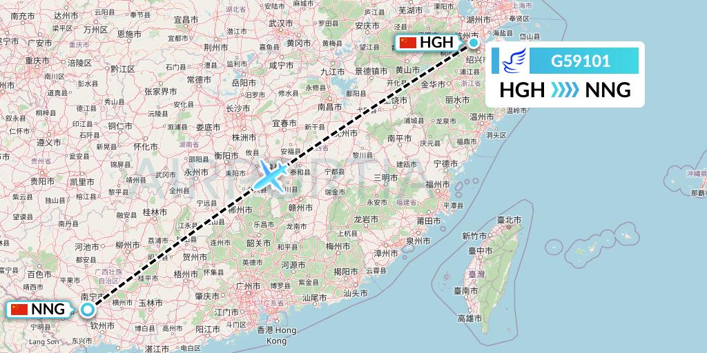 G59101 China Express Airlines Flight Map: Hangzhou to Nanning