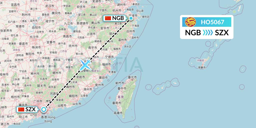 HO5067 Juneyao Airlines Flight Map: Ningbo to Shenzhen