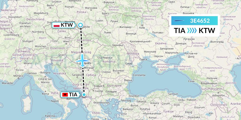 3E4652 Air Choice One Flight Map: Tirana to Katowice