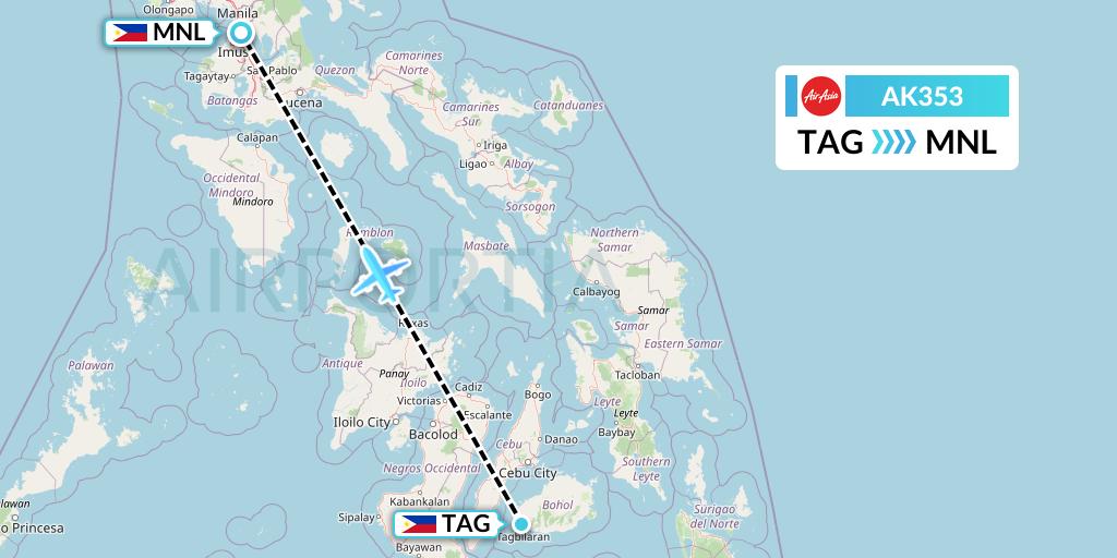 AK353 AirAsia Flight Map: Tagbilaran City to Manila
