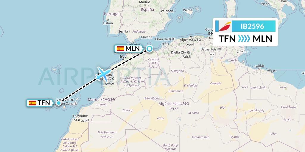 IB2596 Iberia Flight Map: Tenerife to Melilla