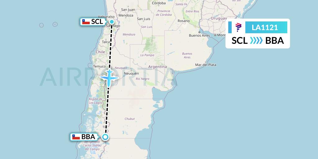 LA1121 LAN Airlines Flight Map: Santiago to Balmaceda