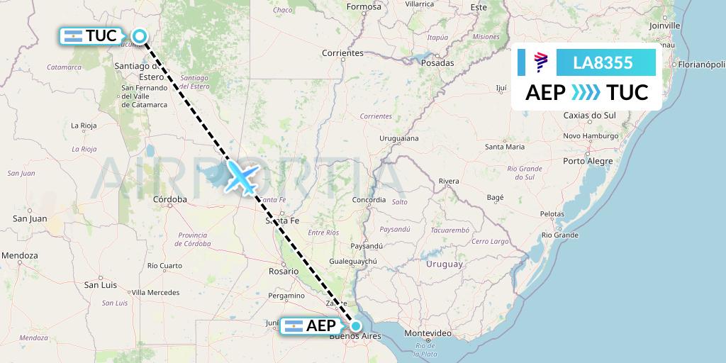 LA8355 LAN Airlines Flight Map: Buenos Aires to Tucuman