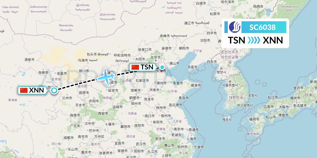 SC6038 Shandong Airlines Flight Map: Tianjin to Xining