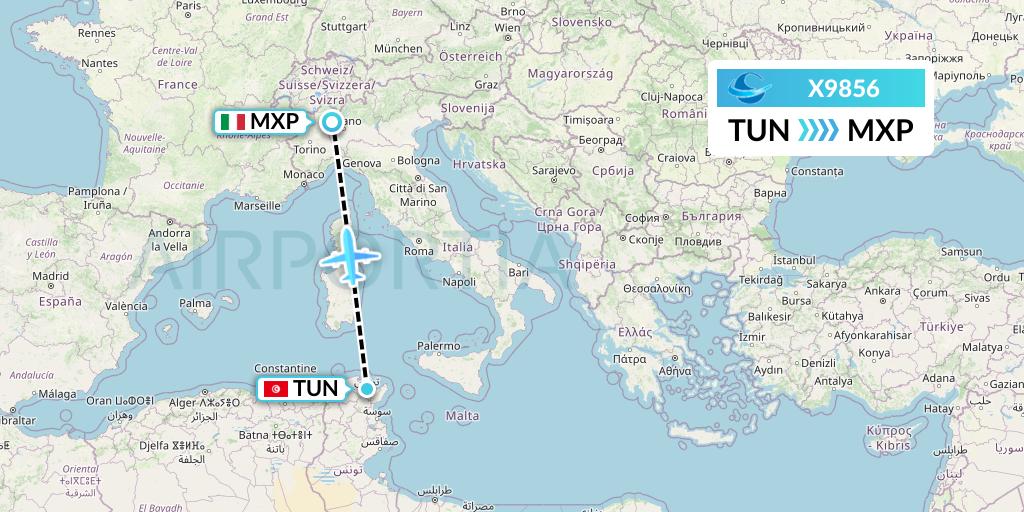 X9856 Avion Express Flight Map: Tunis to Milan