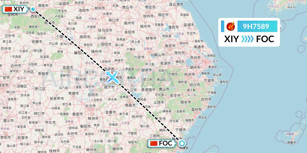 9H7589 Air Changan Flight Map: Xi'an to Fuzhou