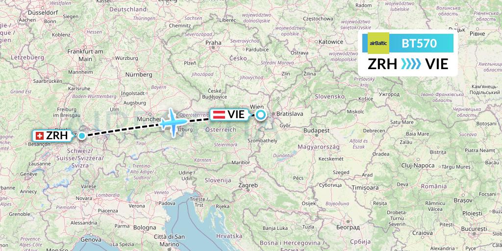 BT570 Air Baltic Flight Map: Zurich to Vienna
