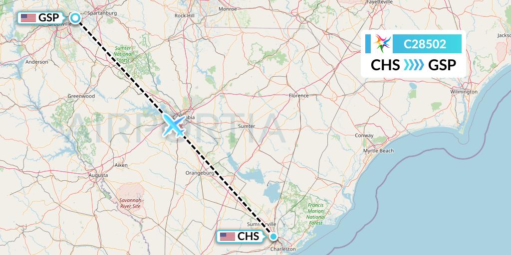C28502 Ceiba Intercontinental Flight Map: Charleston to Greenville-Spartanburg