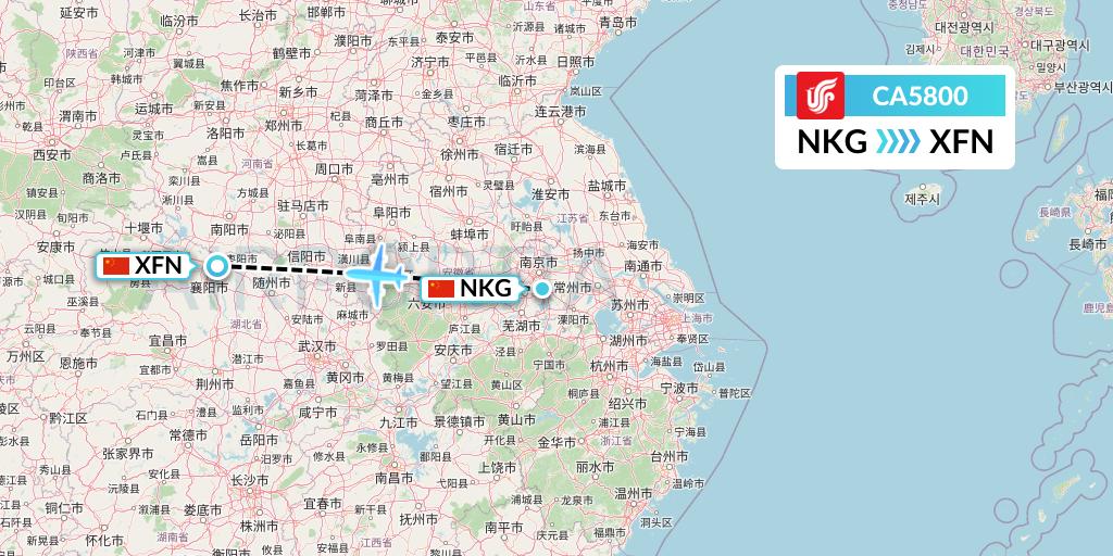CA5800 Air China Flight Map: Nanjing to Xiangyang