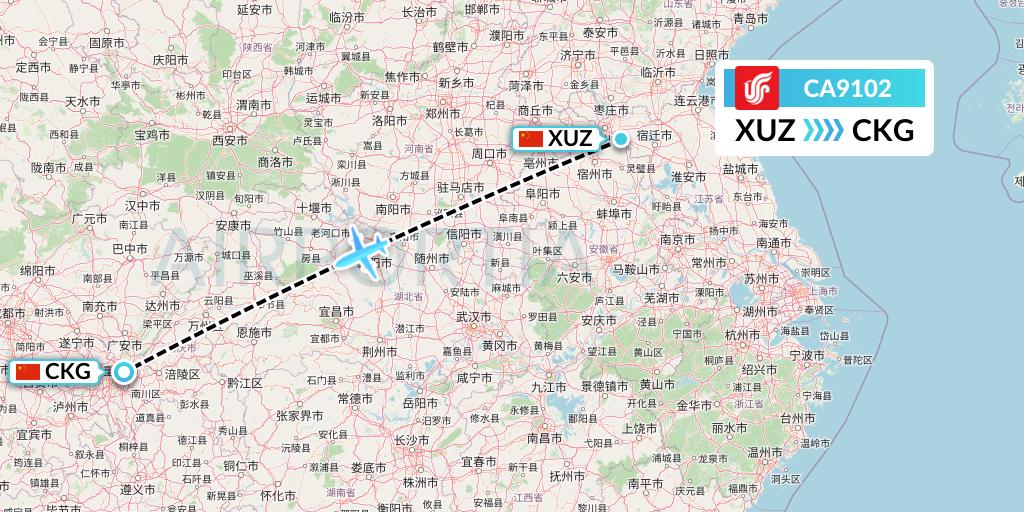 CA9102 Air China Flight Map: Xuzhou to Chongqing