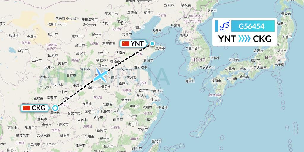 G56454 China Express Airlines Flight Map: Yantai to Chongqing