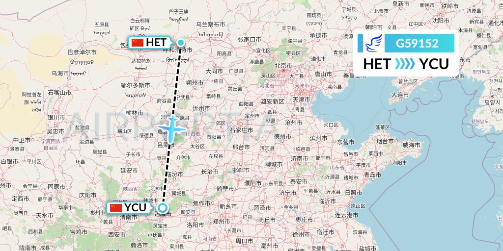 G59152 China Express Airlines Flight Map: Hohhot to Yuncheng