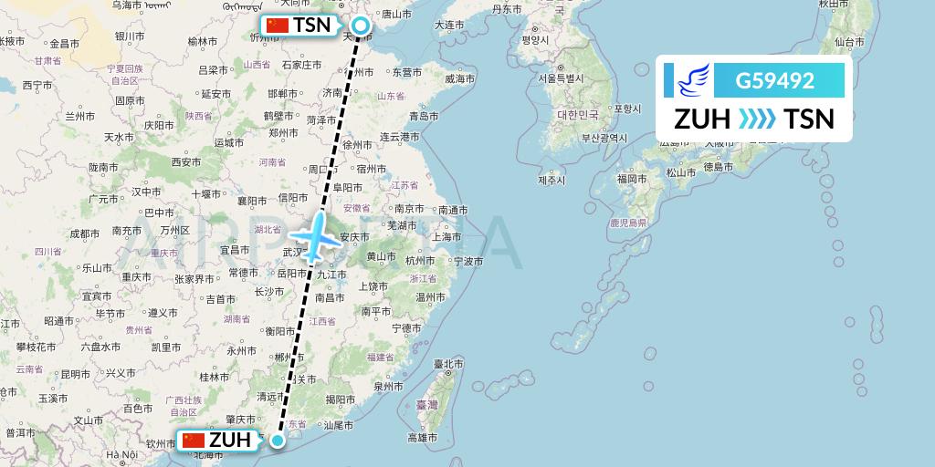 G59492 China Express Airlines Flight Map: Zhuhai to Tianjin