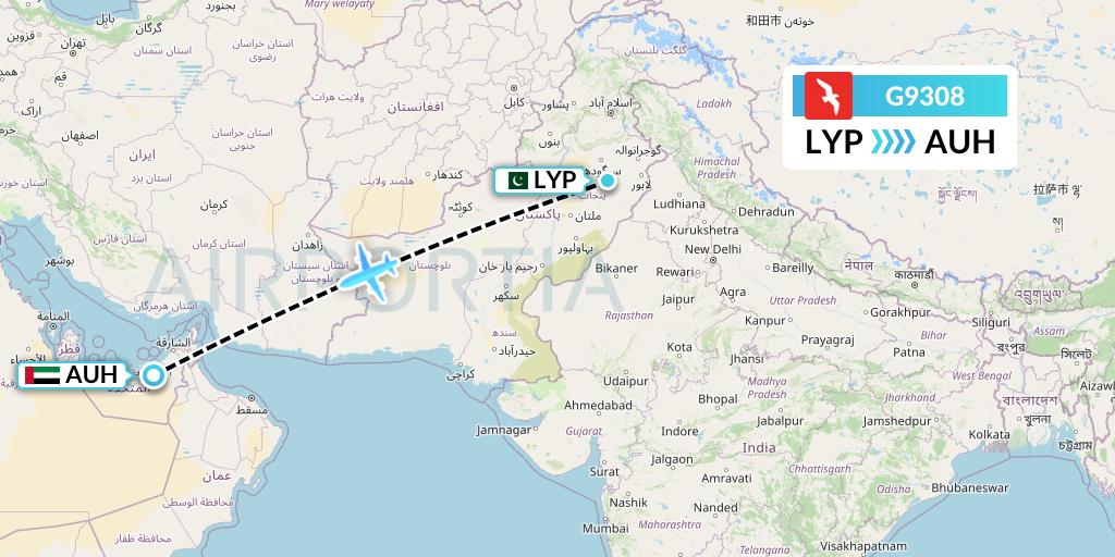 G9308 Air Arabia Flight Map: Faisalabad to Abu Dhabi