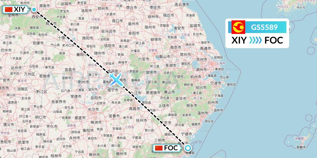 GS5589 Tianjin Airlines Flight Map: Xi'an to Fuzhou
