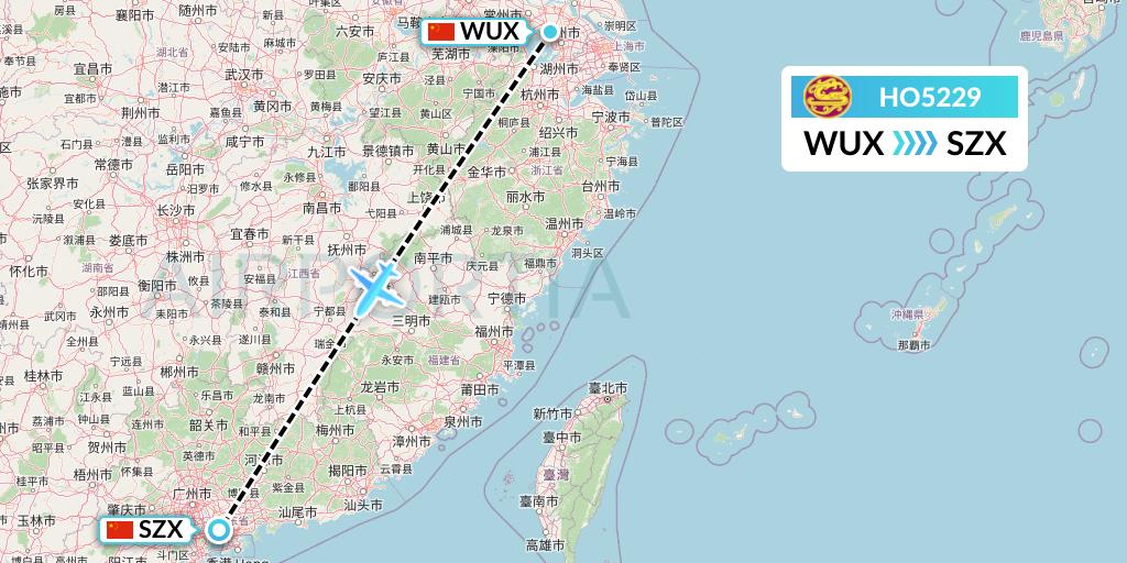 HO5229 Juneyao Airlines Flight Map: Wuxi to Shenzhen