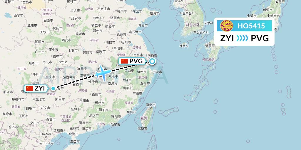 HO5415 Juneyao Airlines Flight Map: Zunyi to Shanghai