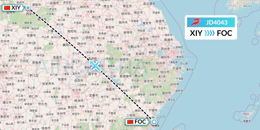 JD4043 Capital Airlines Flight Map: Xi'an to Fuzhou