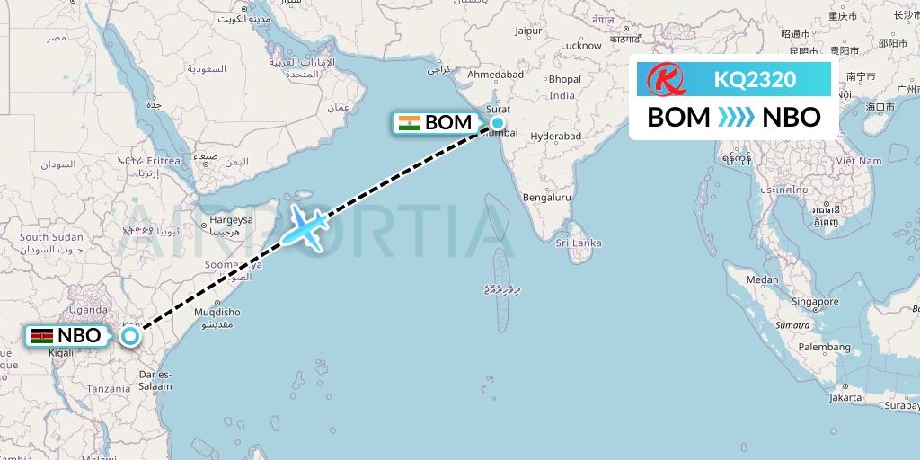 KQ2320 Kenya Airways Flight Map: Mumbai to Nairobi