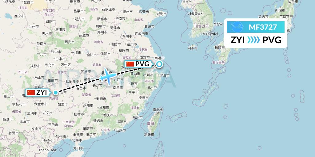 MF3727 Xiamen Airlines Flight Map: Zunyi to Shanghai