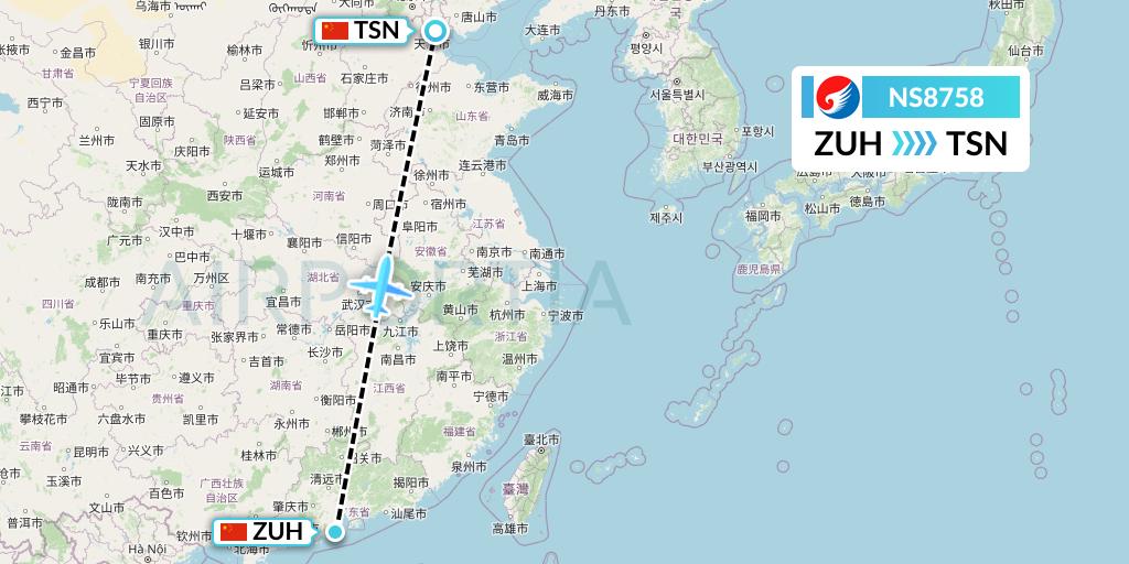 NS8758 Hebei Airlines Flight Map: Zhuhai to Tianjin