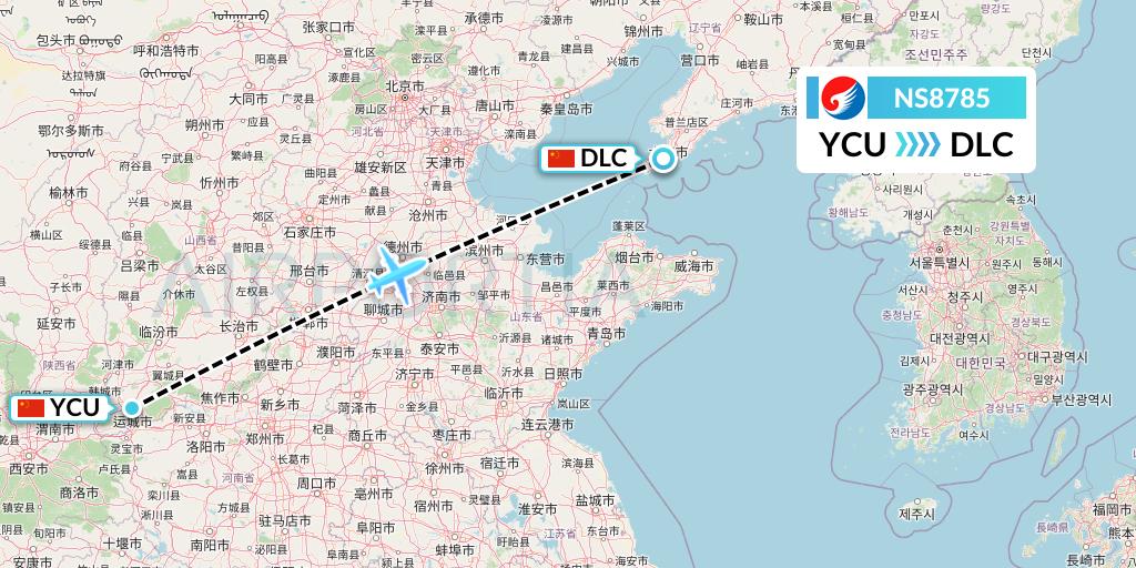NS8785 Hebei Airlines Flight Map: Yuncheng to Dalian