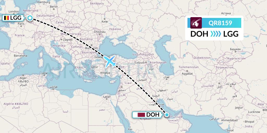 QR8159 Qatar Airways Flight Map: Doha to Liege