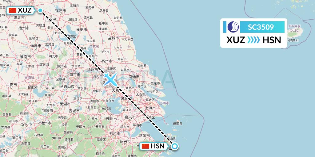 SC3509 Shandong Airlines Flight Map: Xuzhou to Zhoushan