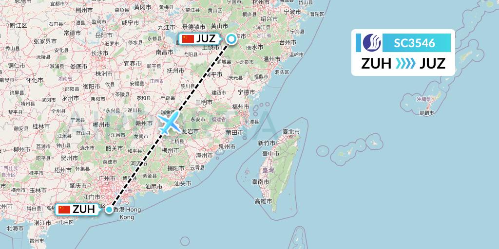 SC3546 Shandong Airlines Flight Map: Zhuhai to Quzhou
