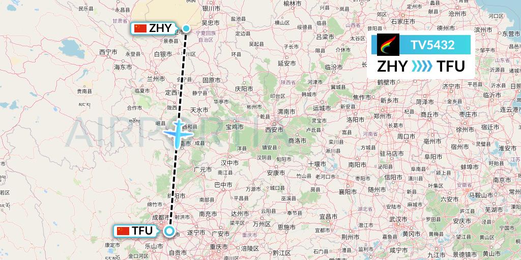 TV5432 Tibet Airlines Flight Map: Zhongwei to Chengdu