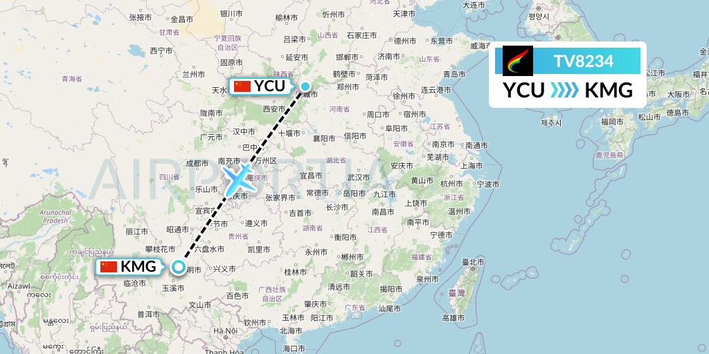 TV8234 Tibet Airlines Flight Map: Yuncheng to Kunming