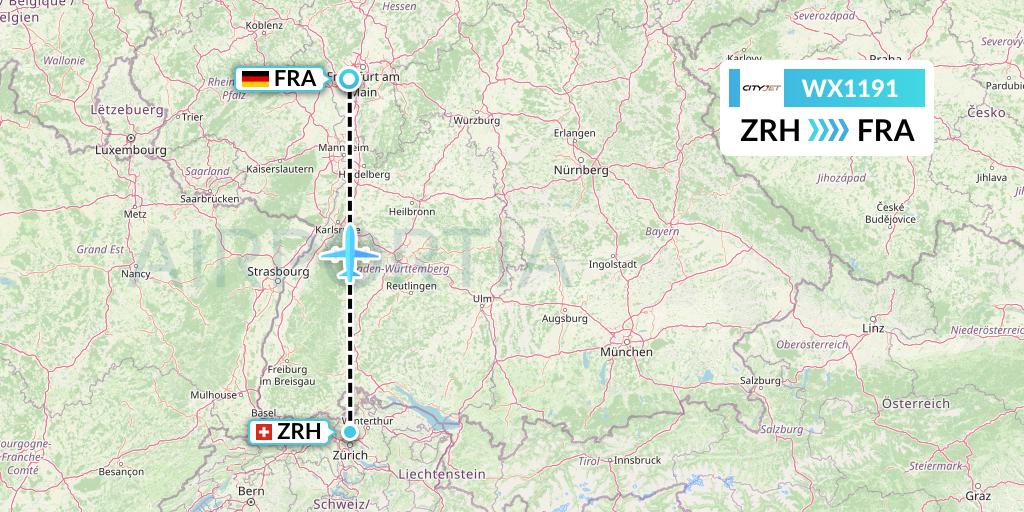 WX1191 Cityjet Flight Map: Zurich to Frankfurt