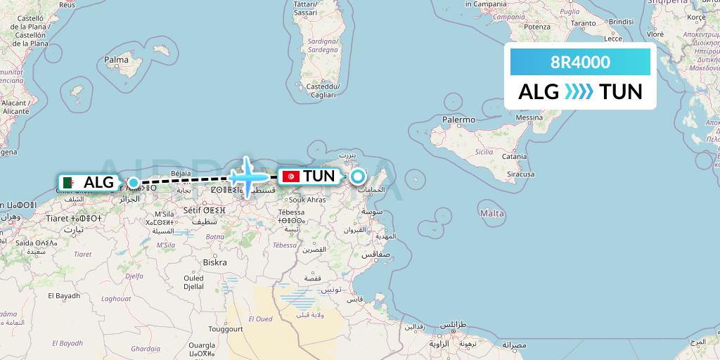 8R4000 Amelia Flight Map: Algiers to Tunis