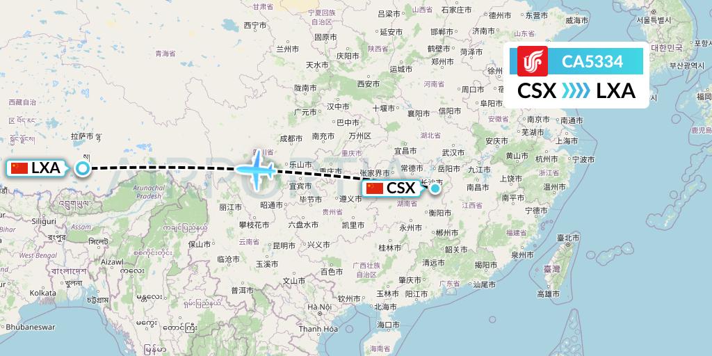CA5334 Air China Flight Map: Changsha to Lhasa