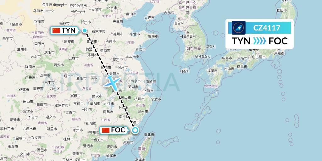CZ4117 China Southern Airlines Flight Map: Taiyuan to Fuzhou