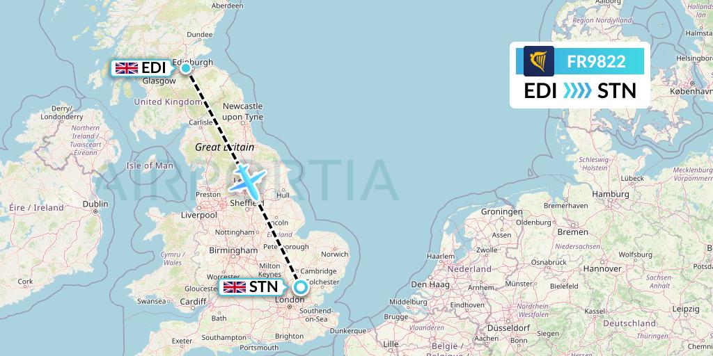 FR9822 Ryanair Flight Map: Edinburgh to London