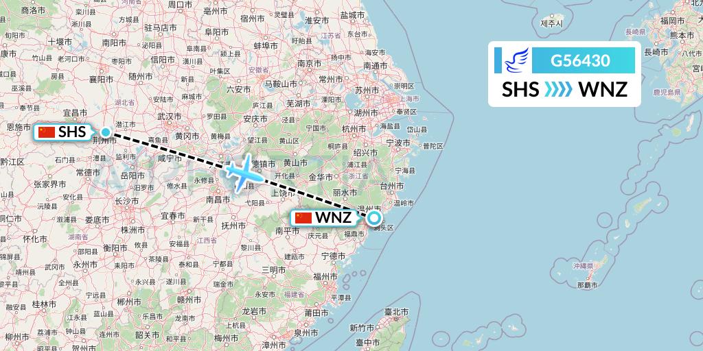 G56430 China Express Airlines Flight Map: Shashi to Wenzhou