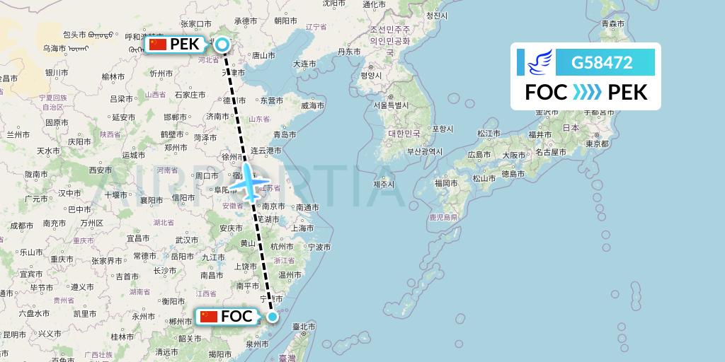 G58472 China Express Airlines Flight Map: Fuzhou to Beijing