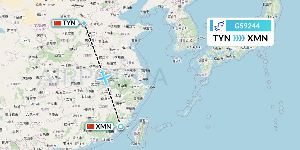 G59244 China Express Airlines Flight Map: Taiyuan to Xiamen