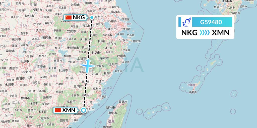 G59480 China Express Airlines Flight Map: Nanjing to Xiamen