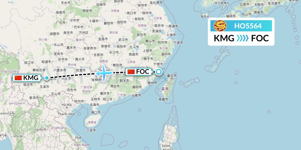 HO5564 Juneyao Airlines Flight Map: Kunming to Fuzhou