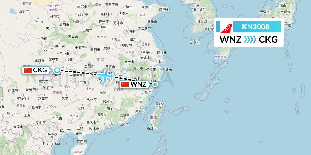 KN3008 China United Airlines Flight Map: Wenzhou to Chongqing