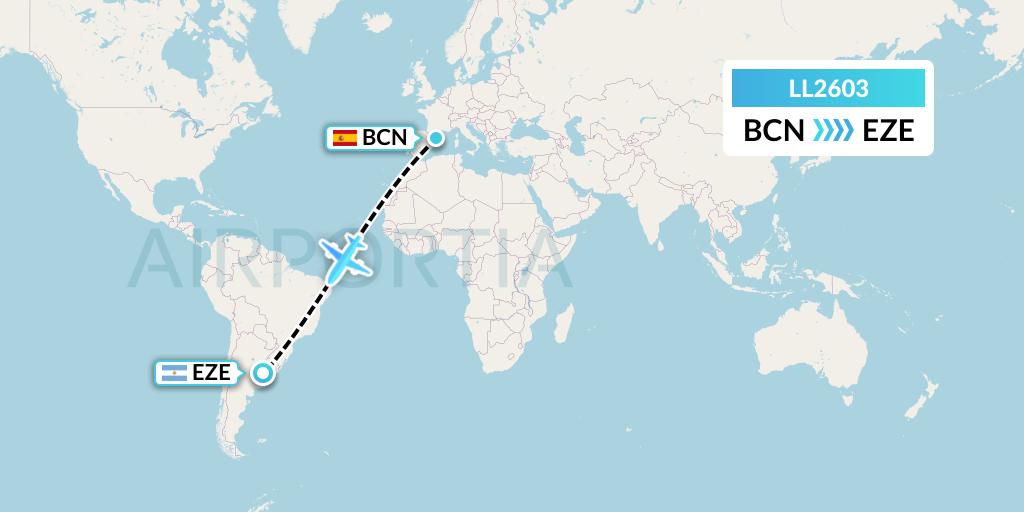 LL2603 Miami Air International Flight Map: Barcelona to Buenos Aires