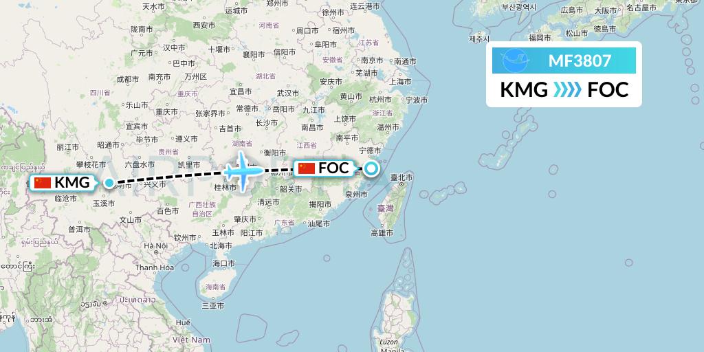 MF3807 Xiamen Airlines Flight Map: Kunming to Fuzhou