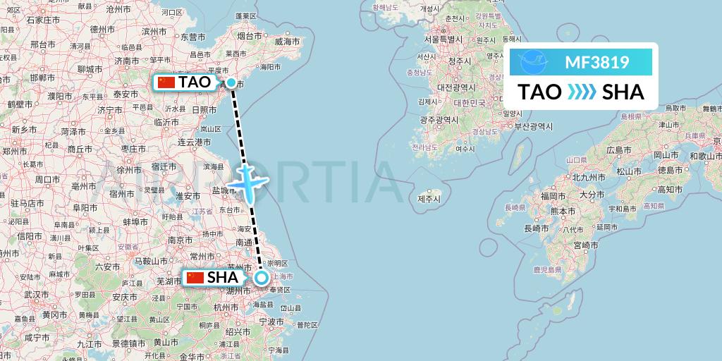 MF3819 Xiamen Airlines Flight Map: Qingdao to Shanghai