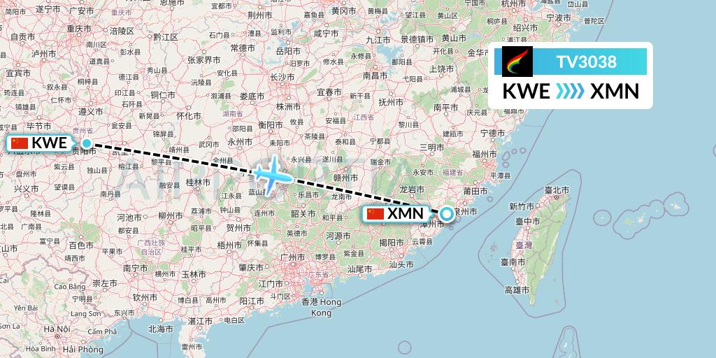 TV3038 Tibet Airlines Flight Map: Guiyang to Xiamen